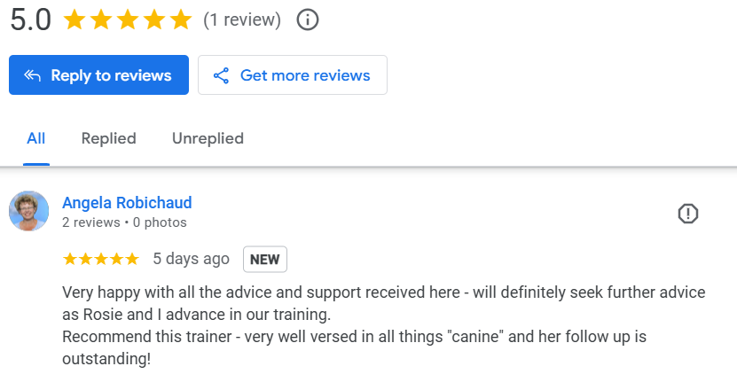 A five star review from a client who says "Very happy with all the advice and support received here - will definitely seek further advice as Rosie and I advance in our training. Recommend this trainer - very well versed in all things "canine" and her follow up is outstanding!"